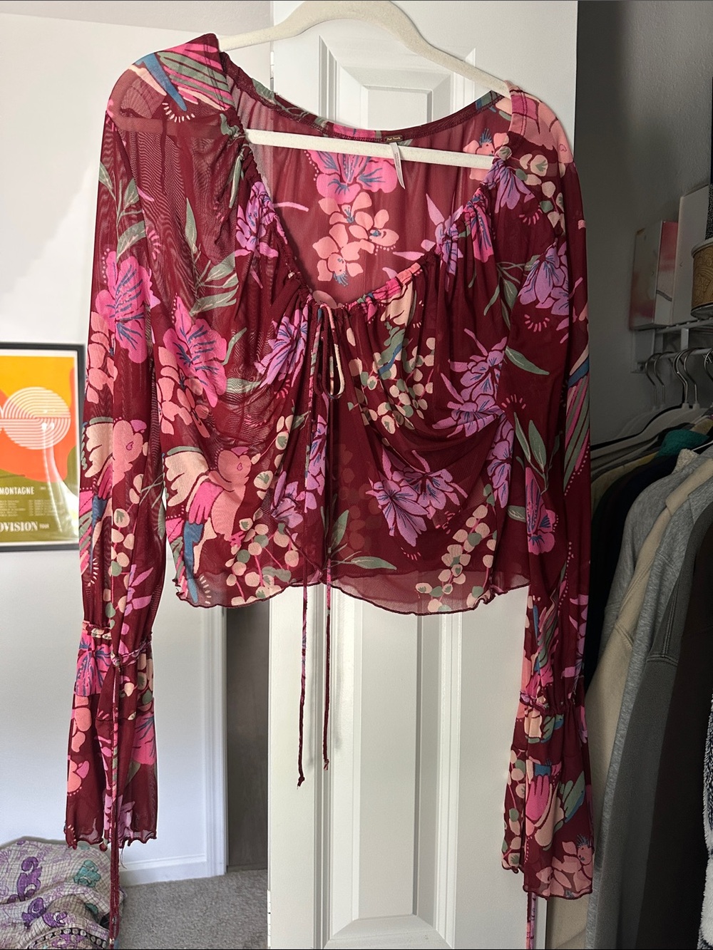 Free People Burgundy Sheer Floral Tie-Front Blouse
